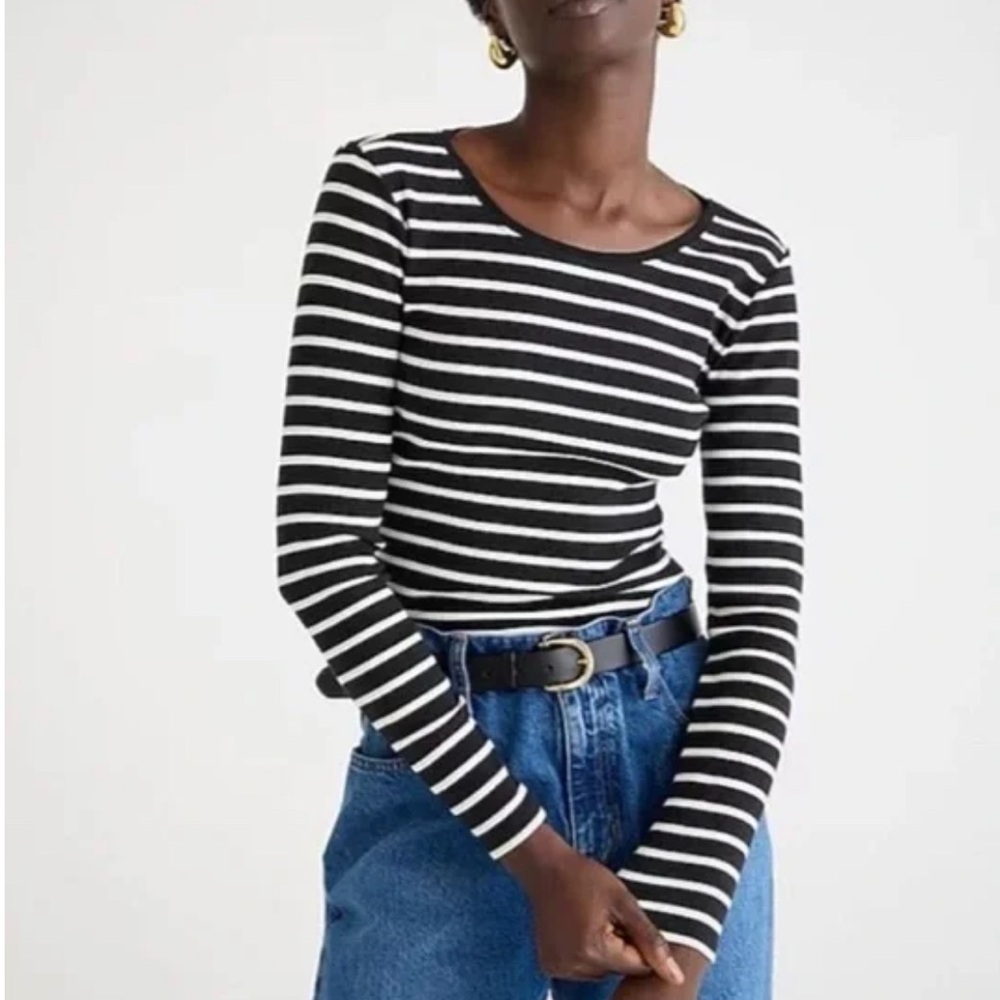 J. Crew Long-Sleeve Perfect Rib Tshirt in Black and White Stripe